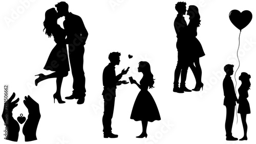 Stylish Silhouette Vector Set of Love Couples - Hugging, Kissing and Romantic Symbols