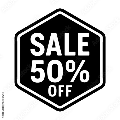 Bold Black and White "SALE 50% OFF" Hexagon Icon - Perfect for Retail Promotions and Discounts