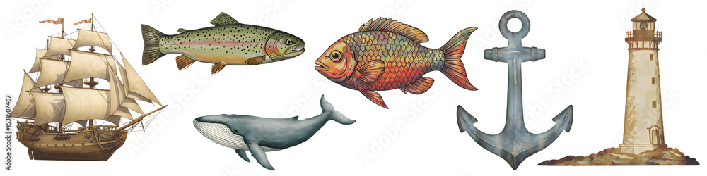 Obraz premium PNG Ocean fish whale seashell sailing ship lighthouse nautical marine vintage illustration set on transparent background