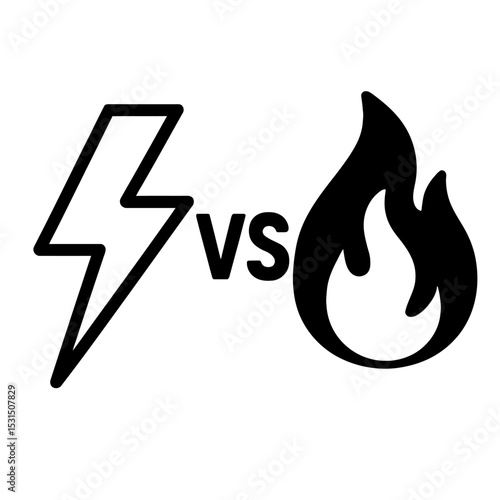 Black and White Lightning Bolt VS Fire Flame Vector Icon - Representing Contrasting Elements or Competition