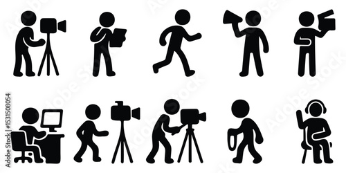 Stick figure filmmaker icon set in black silhouettes showing directing, camera operation, and movie production roles