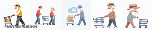 vector character of grandfather wearing hat pushing trolley