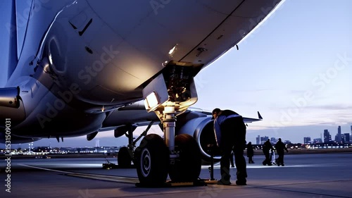 Aircraft undergoes early-morning maintenance on tarmac, with technicians ensuring its flight ready. Precision and professionalism aircraft operations, ideal for aviation, industry, and transportation