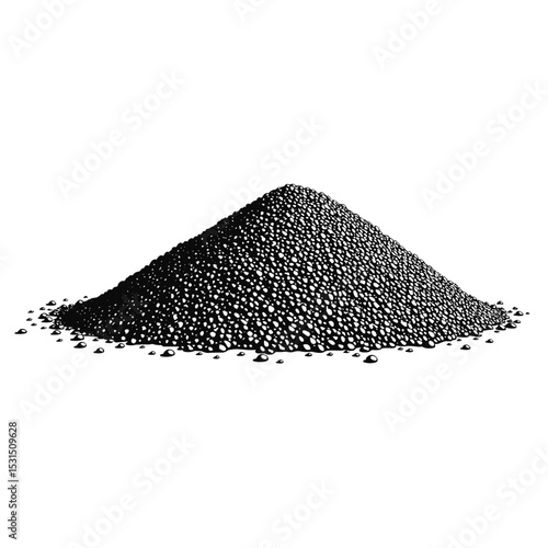 Black fine sand pile isolated on white background. Fine black sand texture shows small grains and particles. This image is perfect for construction industry websites or brochures, showcasing building