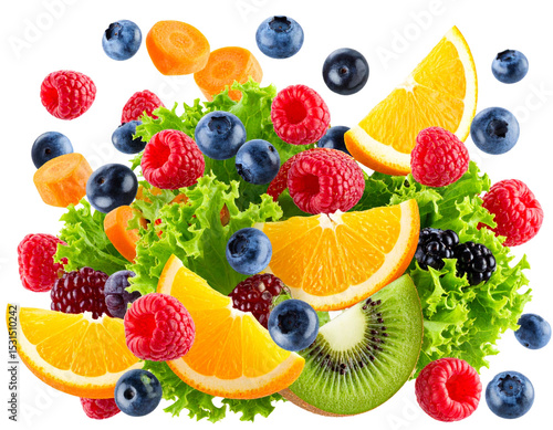 Wallpaper Mural “Splashing Colorful Fruits and Vegetables in Mid-Air Motion, Transparent Background”. Torontodigital.ca