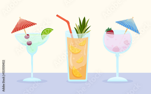 Three fruity tropical cocktails decorated with citrus, berries, and umbrellas