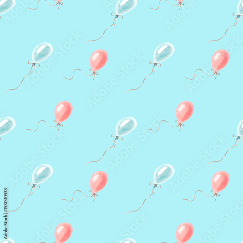 Watercolor hand drawn seamless pattern with balloons on azure background