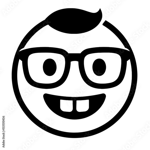 Simple Black and White Nerd Emoji Icon - Geeky Smiling Face with Glasses