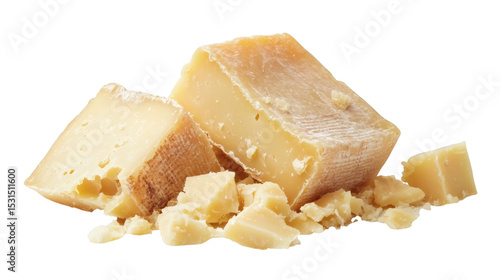 Chunk of aged pecorino cheese with visible rind isolated on white background 