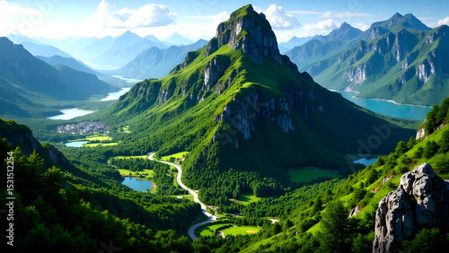 Aerial View of Majestic Mountain Landscape with Winding Road, Lush Green Forest, Blue Lakes, and Serene Valley under Clear Sky in Summer.