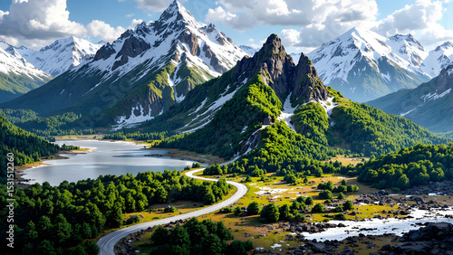 Aerial View of Majestic Mountain Landscape with Winding Road, Lush Green Forest along with Snowy Mountain, Blue Lakes, and Serene Valley under Clear Sky in Summer.