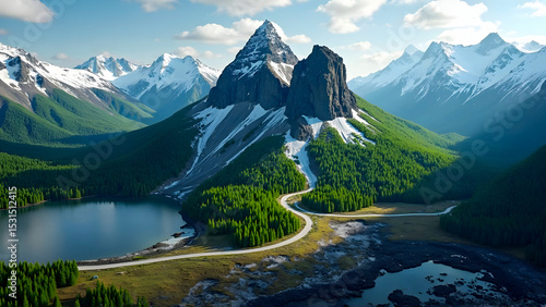 Aerial View of Majestic Mountain Landscape with Winding Road, Lush Green Forest along with Snowy Mountain, Blue Lakes, and Serene Valley under Clear Sky in Summer.