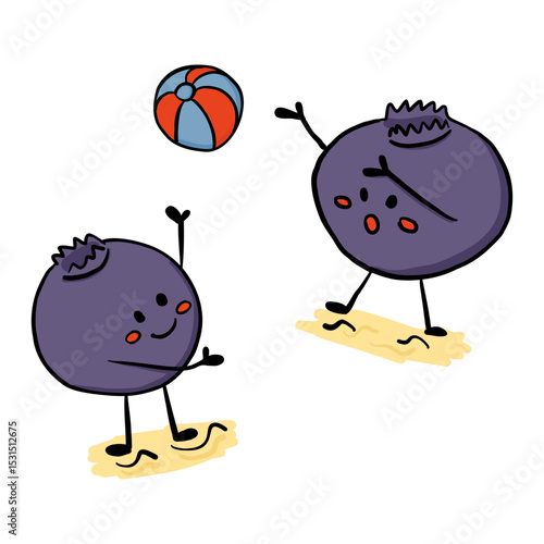 Two playful blueberry characters tossing a beach ball on sand in kawaii style. Concept expresses summer fun, friendship and joyful outdoor activity