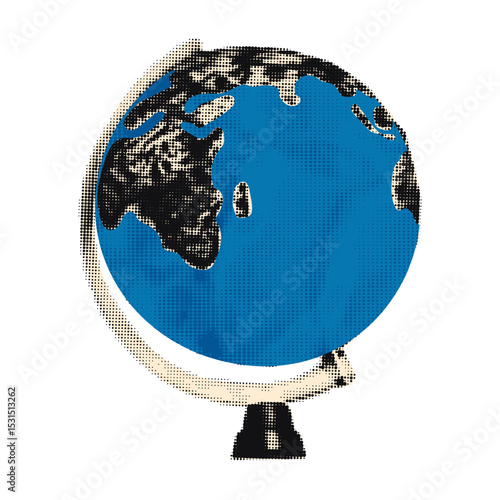 Trendy halftone collage cut out element. Physical globe of planet Earth with blue ocean paper clipping. Educational concept, geography, back to school. Modern retro mixed media vector illustration