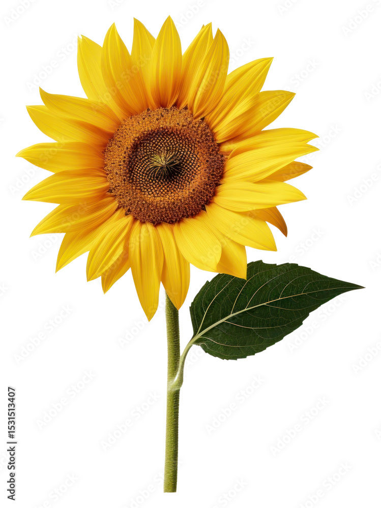 Obraz premium PNG Bright sunflower with green leaf