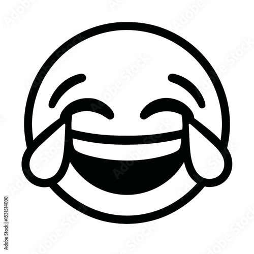 Black and White Crying Laughing Emoji Icon - Expressing Joy, Humor, or Hilarity