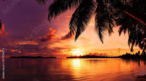 Wallpaper Mural Sunset Tropical Beach with Palm Tree Silhouettes and Golden Sea Reflections Torontodigital.ca