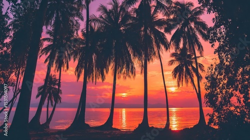 Wallpaper Mural Sunset Tropical Beach with Palm Tree Silhouettes and Golden Sea Reflections Torontodigital.ca