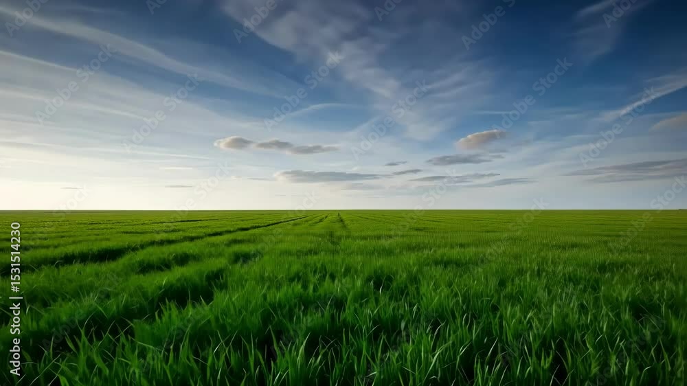 A serene green field under a blue sky with scattered clouds. A serene green field under a blue sky with scattered clouds.