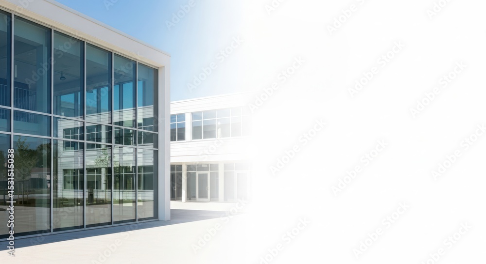 Fototapeta premium Modern architectural building with large glass windows reflecting sunlight, showcasing contemporary design elements and minimalistic style, featuring clean lines and open space with copy space