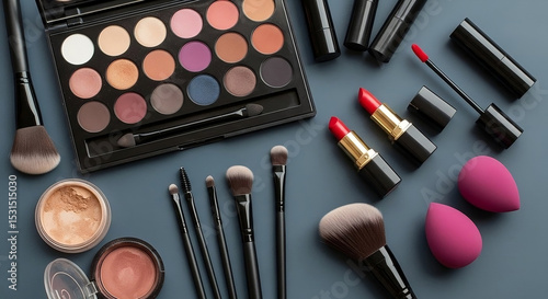 A stylish makeup kit featuring an eyeshadow palette, brushes, beauty blenders, red lipsticks, compact powders, and loose powder for a complete beauty routine.