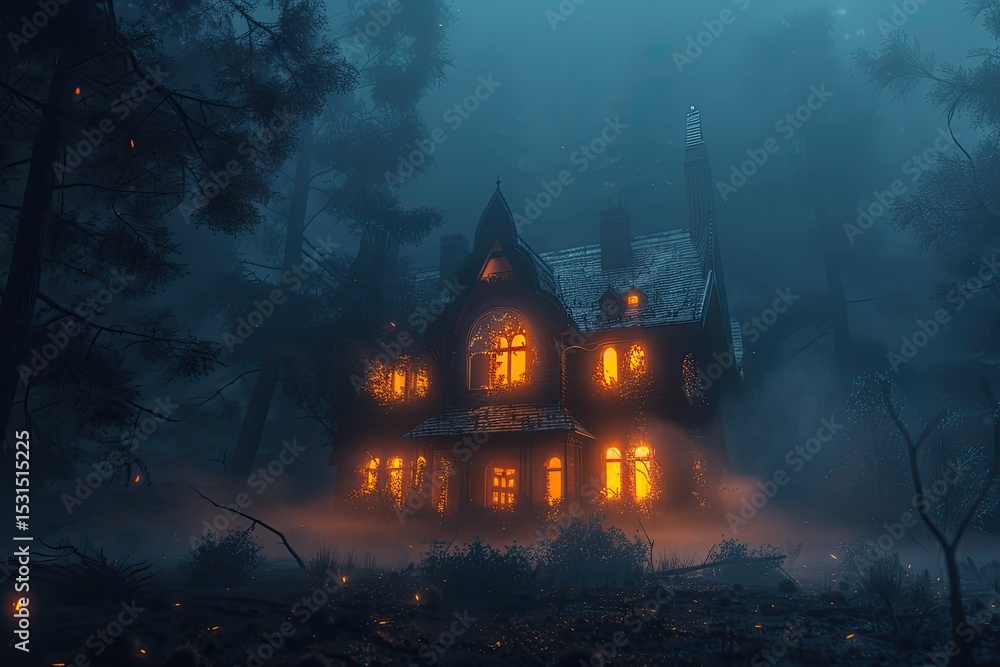 A spooky haunted house with glowing windows A spooky haunted house with glowing windows