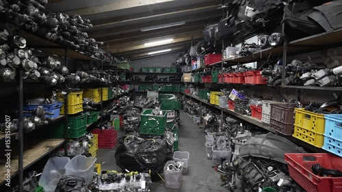 Warehouse filled with car parts on shelves. Auto parts warehouse concept.