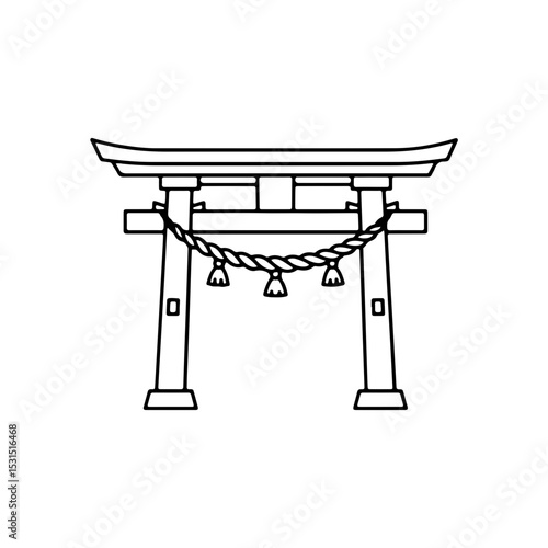 注連縄（しめなわ）が掛かった神社の鳥居を描いたミニマル線画アイコン。日本文化、神道の伝統、祭礼や観光デザインに最適
