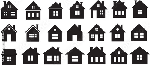 Simple black house icons representing various architectural styles and designs