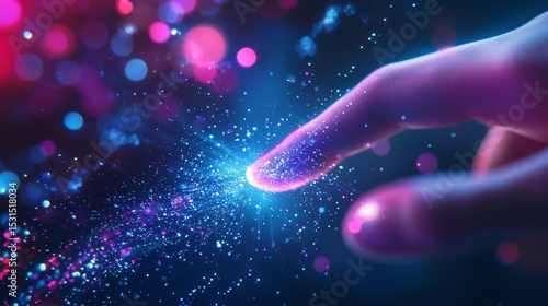 Close-up of a human finger activating a high-tech digital interface with blue and violet neon cybernetic energy bursts