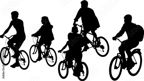 "Flat, stylized cartoon of a multi-ethnic group of adults and teens casually cycling, seen from above. The composition features varied poses and perspectives, clean white background, and cheerful ener
