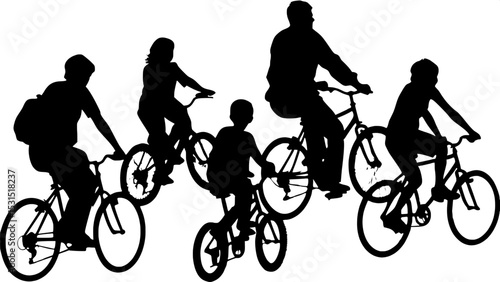 "Flat, stylized cartoon of a multi-ethnic group of adults and teens casually cycling, seen from above. The composition features varied poses and perspectives, clean white background, and cheerful ener