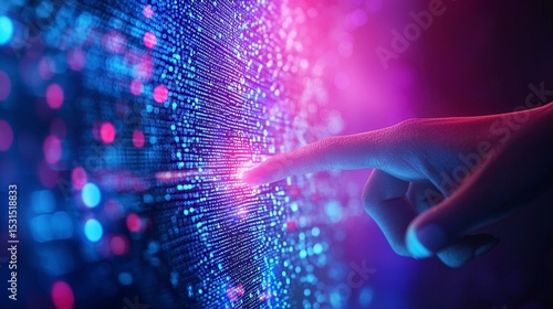 Close-up of a human finger activating a high-tech digital interface with blue and violet neon cybernetic energy bursts