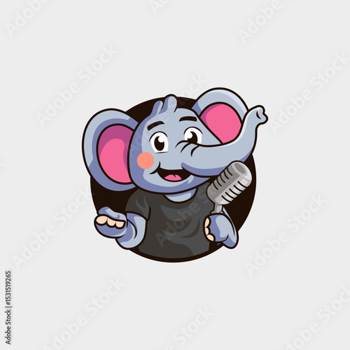 Cute cartoon mascot logo of an elephant carrying a microphone ready to give jokes as a standup comedian or ready to do a podcast