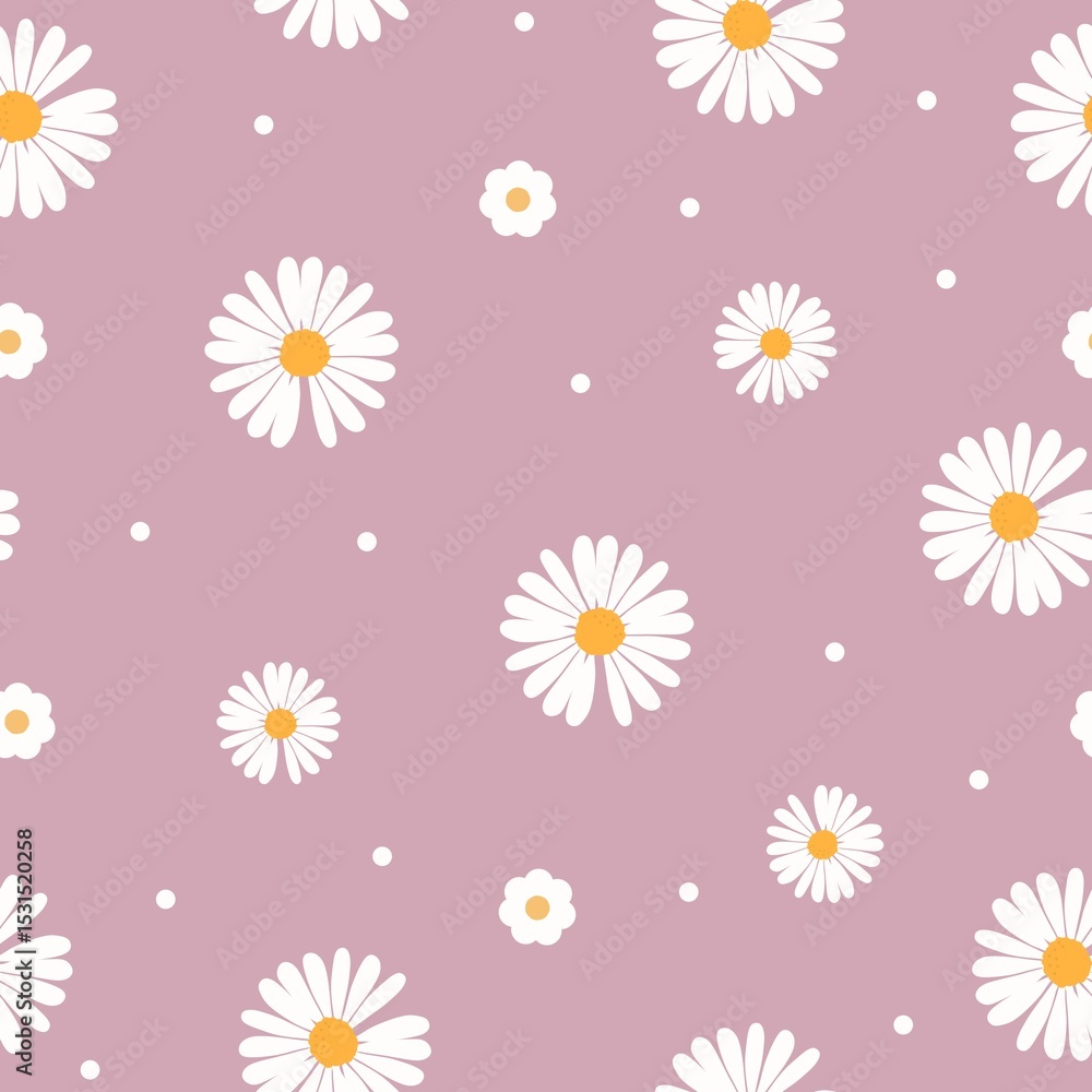 Cute daisy flower pattern with white petals and yellow centers on dusty pink background. Lovely floral design, perfect for fabric, wrapping paper, spring decor, and feminine themes. Cute daisy flower pattern with white petals and yellow centers on dusty pink background. Lovely floral design, perfect for fabric, wrapping paper, spring decor, and feminine themes.
