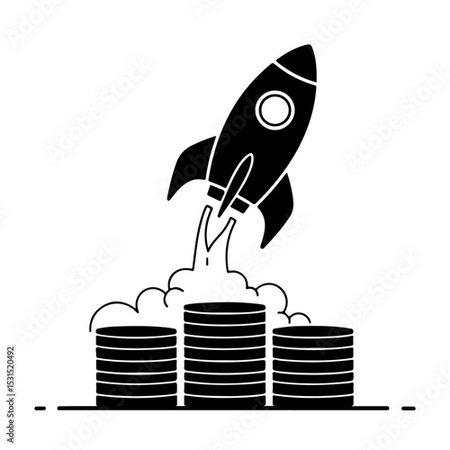 Rocket launching from stacks of coins representing financial growth and success