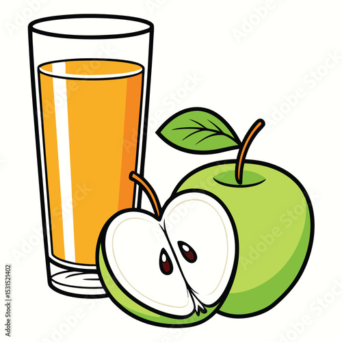 A refreshing glass of juice rests with vibrant green apples, one sliced, over white