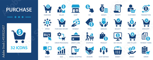 Purchase flat icons collection. Money, bargain, sale, transaction, buy, shop, payment, price, receipt, client, financing, delivery, credit sign set.
