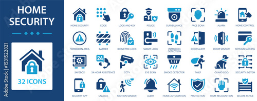 Home security flat icons collection. Code, lock, key, alarm, biometric lock, police, thief, CCTV, barrier sign set.