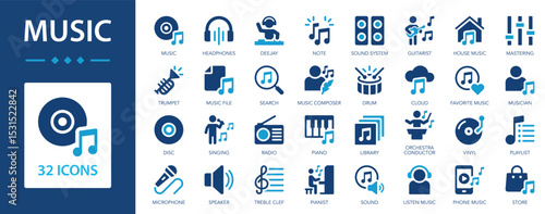 Music flat icons collection. Deejay, note, piano, guitarist, instrument, radio, drum, cloud, library, singing, disc, microphone, vinyl record sign set.