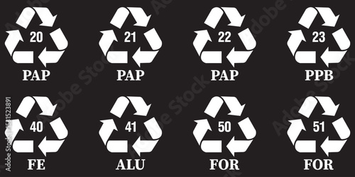 Plastic recycles icons collection. Recycle plastic vector set in triangular shape. Icon set of hdpe, pp, pet, ldpe and pvc. Ecological recycling codes. Flat style. Vector illustration. 