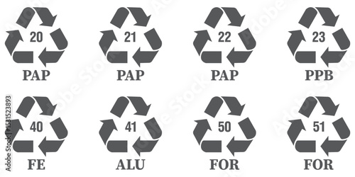 All recycling code icon set. Plastics, Batteries, Paper, Metals, Organic Biomatters, Glass and composites vector symbols. Set of recycling codes for plastics, plastic, recycle.