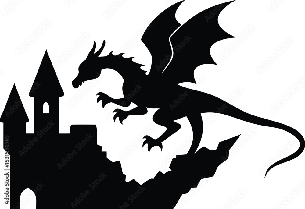 Obraz premium Dragon Attacking Castle Silhouette - Fantasy Creature Vector Art