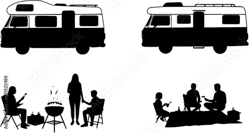 Silhouette of camper van family bbq picnic outdoors
