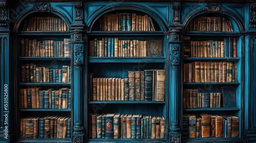 Wallpaper Mural Antique blue bookshelves filled with aged volumes Torontodigital.ca