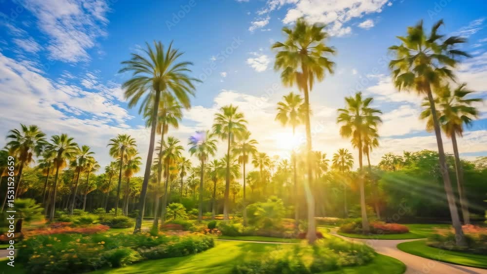 Sunny palm tree garden scene perfect for nature photography backgrounds and editorial use Sunny palm tree garden scene perfect for nature photography backgrounds and editorial use