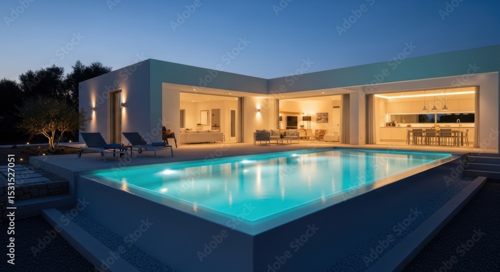 Fototapeta premium Modern luxury villa with illuminated pool at dusk