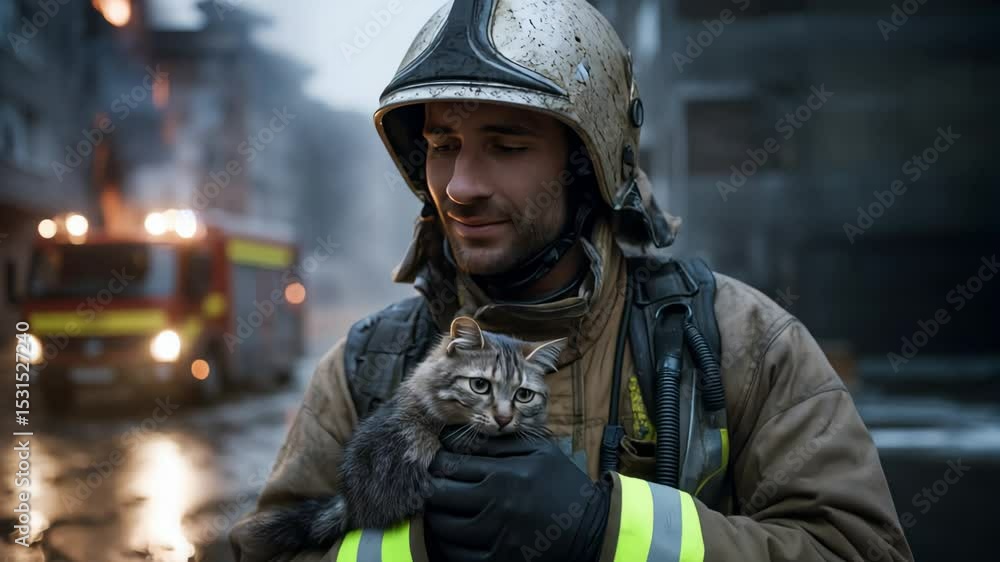 A Brave Firefighter Rescues a Kitten in a Ruined Urban Cityscape A Brave Firefighter Rescues a Kitten in a Ruined Urban Cityscape