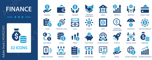 Finance flat icons collection. Financial monitoring and accounting.