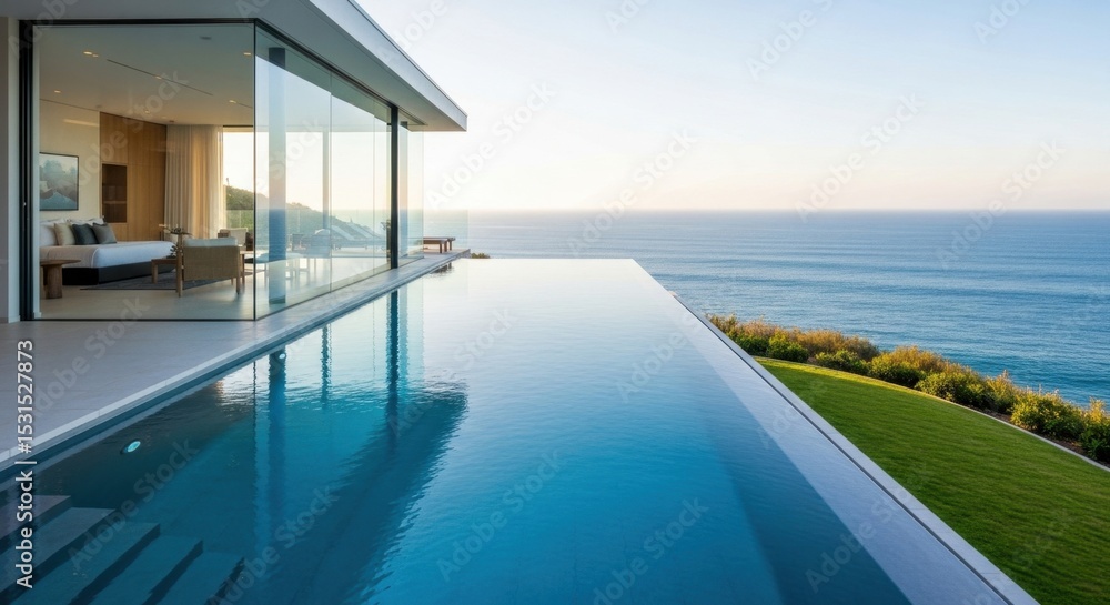 Fototapeta premium Modern seaside villa with infinity pool overlooking ocean at sunset